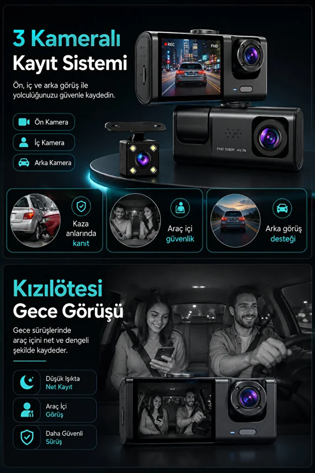 Araç İçi HD Kamera 3 Kameralı Wifi Özellikli 1080P Full HD Gece Görüşlü G-Sensör Dashcam